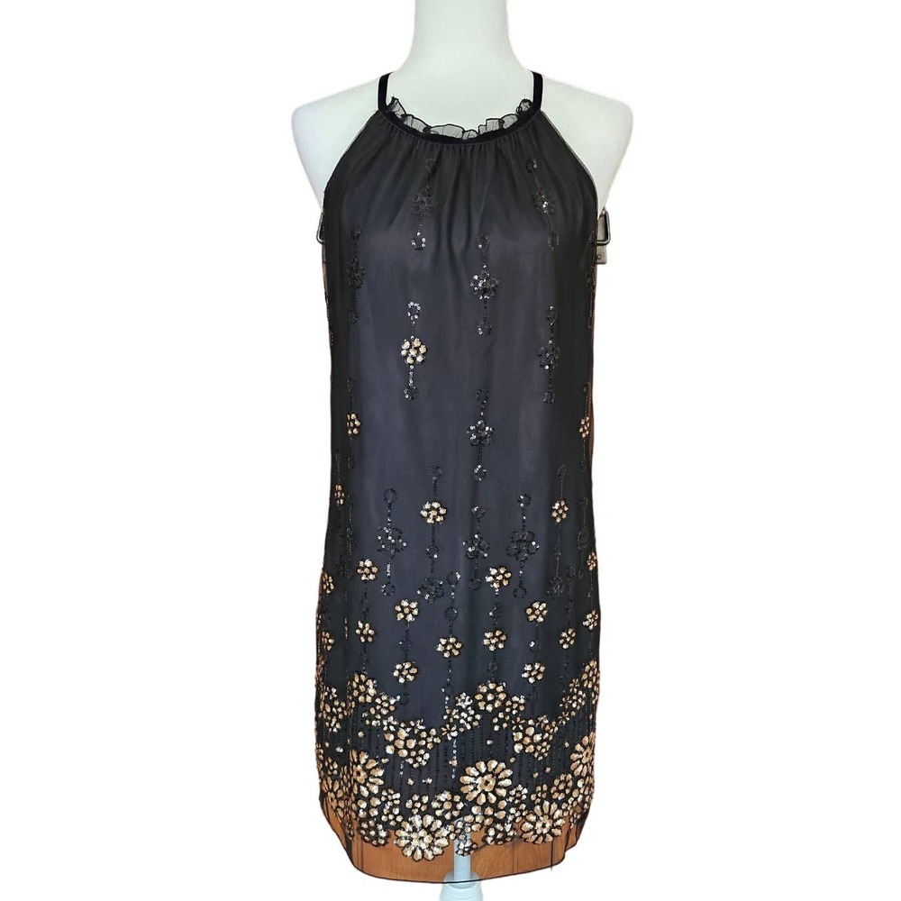 Max Studio Specialty Sz‎ S Whimsigoth Chic VTG Black Gold Halter Sequin Dress